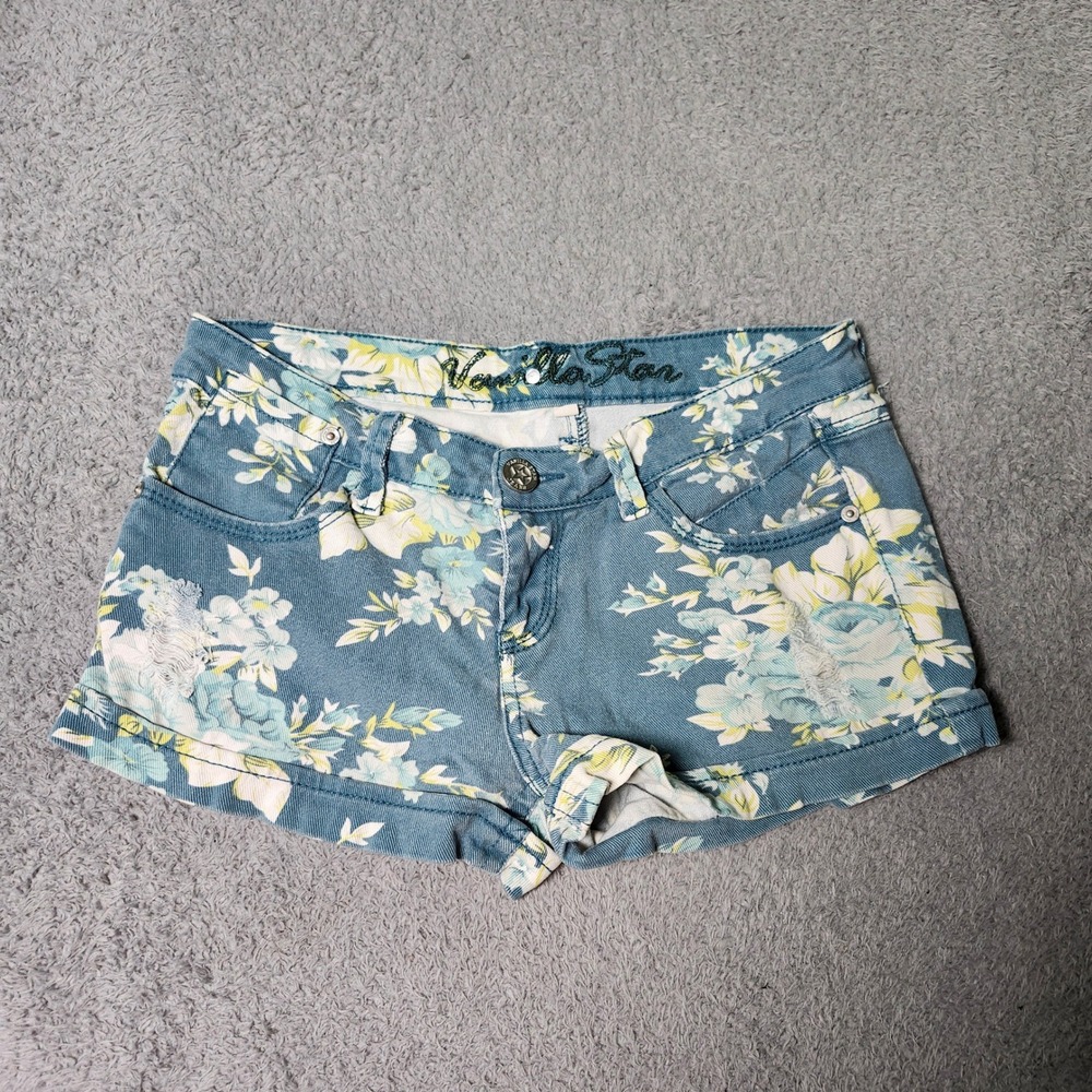 Vanilla Star Juniors Size 7 Denim Shorts Blue Floral Distressed Cuffed V3030-541